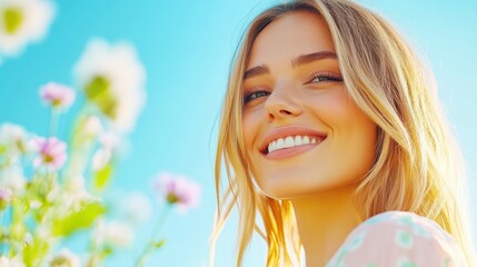 Fototapeta premium Brightly Lit Portrait Of A Smiling Woman In Blooms