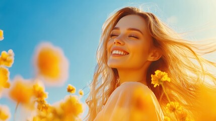 Fototapeta premium Joyful Woman Enjoying Sunny Yellow Flower Field