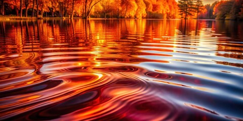 Fluid wave in deep red and orange hues with vibrant reflections on a serene lake surface, illuminated by warm sunlight filtering through the trees , abstract fluid waves, red orange colors