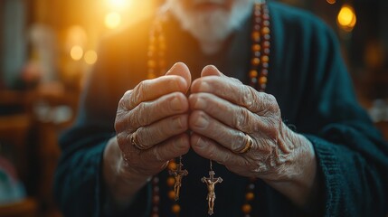 Close-up of Hands in Prayer Holding a Rosary Illuminated by Soft Light During Easter Time