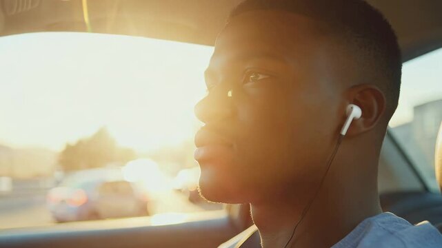 Young african man driving a car in the city and using earphones to speak on a call - Modern technology concept - Model by AI generative