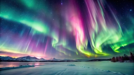 Soft pink hues of Aurora Borealis illuminate the dark canvas of the night sky with gentle wisps and ethereal tendrils, weather phenomenon, galactic wonder