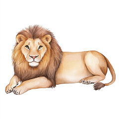 Obraz premium Majestic Lion Lying Down in Minimalist Style Isolated on White Background Showcasing the Beauty and Power of Nature's King in a Serene and Peaceful Pose