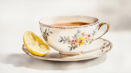 Fototapeta premium Elegant watercolor painting of teacup with lemon slice and floral design art gold life food home cozy drink