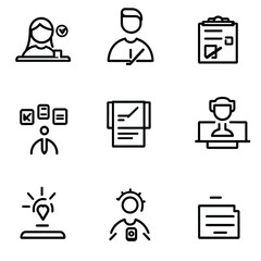 Black outline icons for management of time and office tasks on white