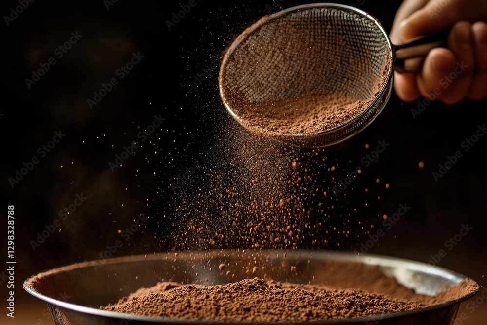 Poster Sifting cocoa powder into a bowl for baking or cooking in a warm kitchen setting during the evening. Generative AI