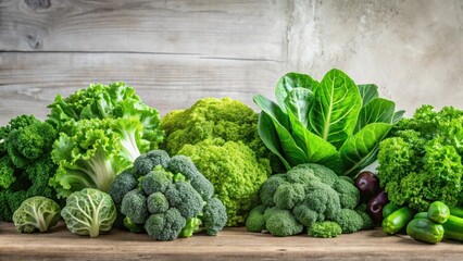 A vibrant collection of fresh, green vegetables arranged on a rustic wooden surface; showcasing broccoli, cauliflower, lettuce, kale, and cabbage for a healthy and nutritious meal.