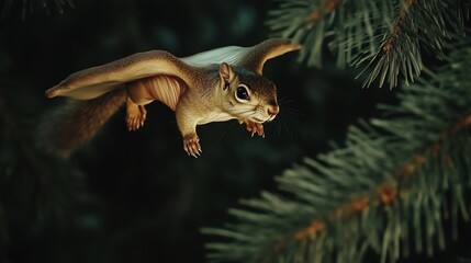 Obraz premium Flying Squirrel mid glide soaring between tall pine trees its wide skin stretched like wings glowing in the soft moonlight as it navigates the dark forest