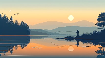 An illustrated landscape of a man fishing on a lake at sunset.