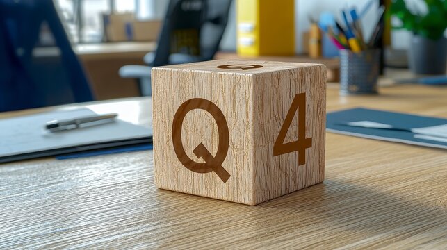 Captivating wooden block, quarter 4, with desk background Featuring the end of year Capturing the business year with wooden blocks with a minimalist desktop Representing growth and achievements