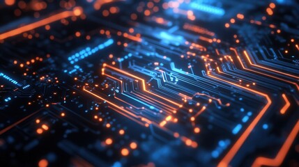 Fototapeta premium Futuristic Digital Circuit Board with Blue and Orange Light Effects