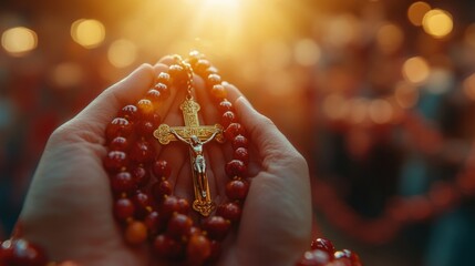 Close-up of Hands Holding a Rosary in Prayer During Easter With Soft Lighting