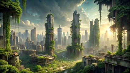 Nature's Reclamation A Post-Apocalyptic Cityscape Overgrown with Lush Vegetation and Verdant Flora