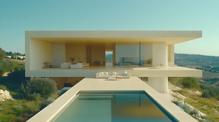 Fototapeta premium Modern minimalist villa overlooking hills, infinity pool