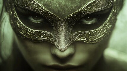 Masked woman, intense gaze, close-up