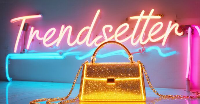 Neon sign trendsetter iconic handbag shimmering gold accents sleek urban backdrop bright colorful realistic photo