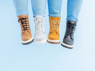 four pairs of boots on a light blue background