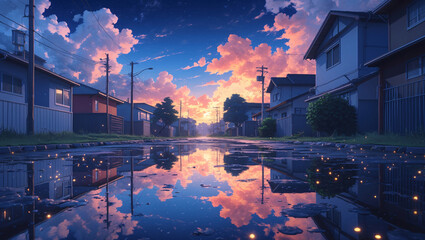 Obraz premium Calm and Reflective Wet Street in a Peaceful Neighborhood After Afternoon Rain with Homes and Bright Clouds in the Reflection Anime Style Wallpaper Background