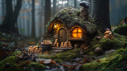 Obraz premium Enchanted gingerbread house in a magical autumn forest scene with tiny gingerbread men cozy warm moss cute