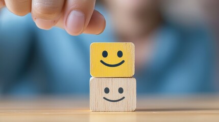 Capturing Joy and Positivity A Close-Up Image of Hand Placing Smiley Face Blocks, Symbolizing Happiness, Optimism, and Positive Emotions, Perfect for Conveying Messages of Well-being, Motivation, and
