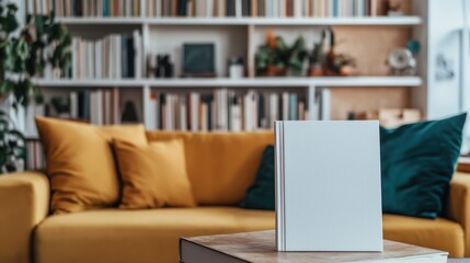 Fototapeta premium Blank book on table in cozy living room