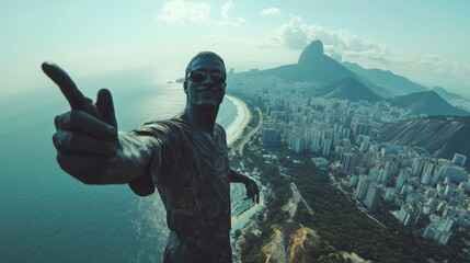 corcovado statue is doing a selfie with a nice view of rio
