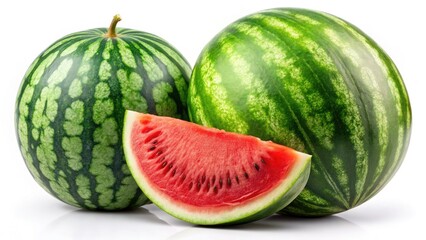 A large, seedless watermelon, vibrant and juicy, stands out against a clean white background.