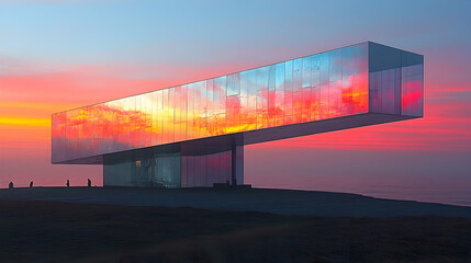 Obraz premium Sunset mirrored pavilion on coastal cliff