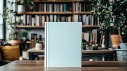 Blank white book on wooden table in cozy library setting