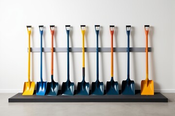 there are a lot of shovels that are on a shelf