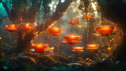 Enchanted forest teacups hanging glowing magical fantasy scene 3d art warm dark drink light trees night orange