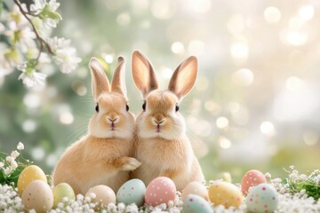 Obraz premium Playful rabbits in a sunlit garden with colorful easter eggs
