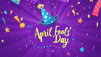 A festive scene for April Fools' Day with a blue polka - dotted party hat at the center, surrounded by colorful confetti, stars, horns and other party elements on a vibrant purple background.