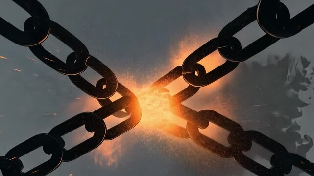 This powerful video shows chains breaking with sparks flying. It represents freedom, strength, and transformation. Ideal for motivational materials and dramatic visual statements. Generative AI.