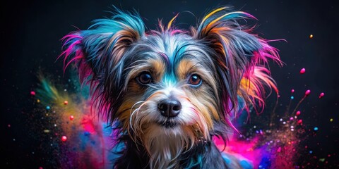 A vibrant canine portrait featuring a small dog with multicolored fur against a backdrop of colorful powder explosion