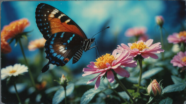 Vibrant Black and Orange Butterfly on Pink Wildflowers with a Soft Blue Sky Background – Nature Macro Photography