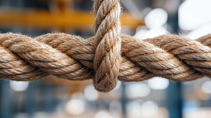Fototapeta premium Thick natural fiber ropes intersect in a close-up shot inside a brightly lit industrial gym setting.