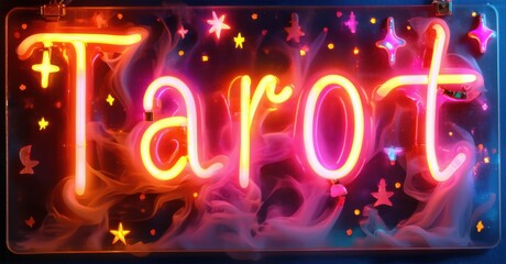 Neon sign cosmic tarot floating radiant cards swirling star mist divine insight energy bright colorful realistic photo