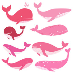 Vector set of flat hand drawn pink whales isolated from background. Collection of cute fish in girlish style for stickers and postcards