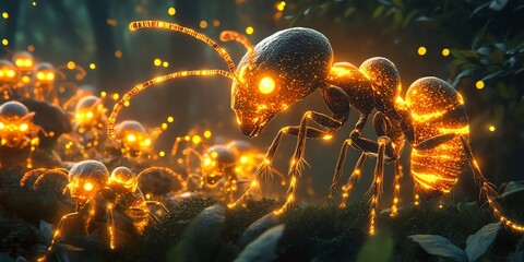 Glowing Ant Colony Exploring Forest Ground with Bioluminescent Detail