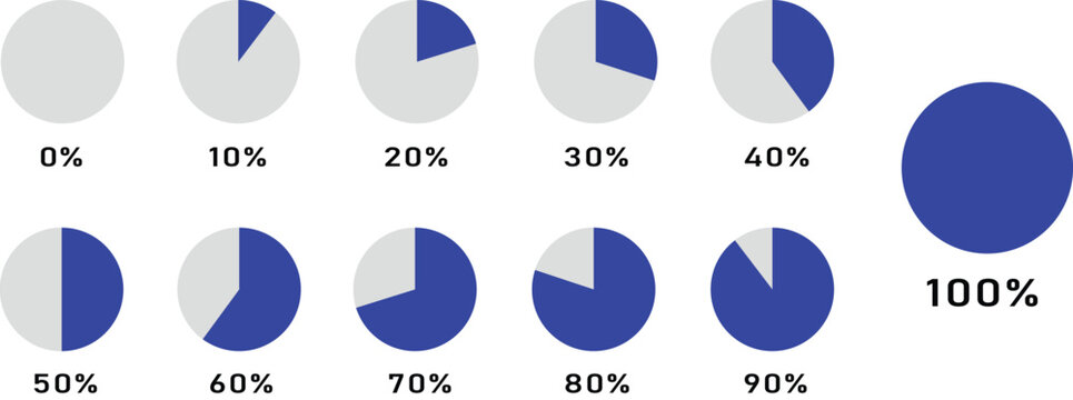 Set of pie chart in blue color with increasing percentage 0%, 10%, 20%, 30%, 40%, 50%, 60%, 70%, 80%, 90% and 100%. Circle icons for infographics. Pie chart diagrams. vector eps 10.