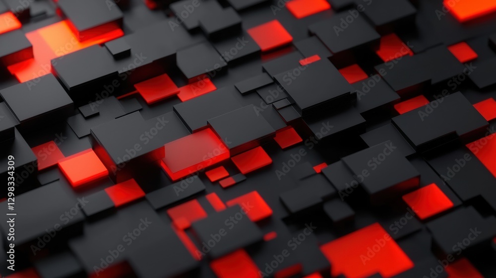 Fototapete a 3d rendering of a complex geometric pattern composed of black and red cubes.