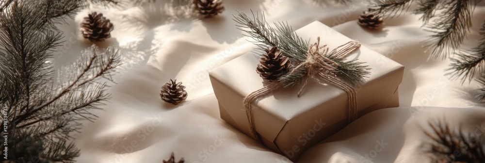 Aufkleber Wrapped gift with pinecones and greenery on soft fabric backdrop during festive season. Generative AI