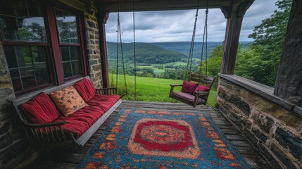 Rustic porch swing with valley view