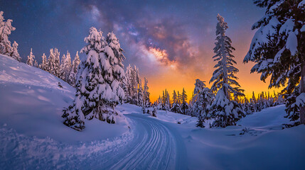 A snowy landscape with a road and trees