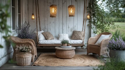 Rustic porch swing with wicker furniture