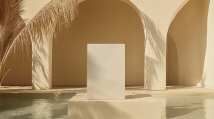 Minimalist blank book on display in serene setting