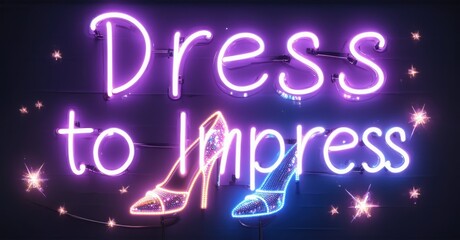 Neon sign dress impress high heels glowing diamond sparkles elegant flowing typography bright colorful realistic photo