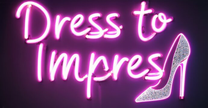 Neon sign dress impress high heels glowing diamond sparkles elegant flowing typography bright colorful realistic photo