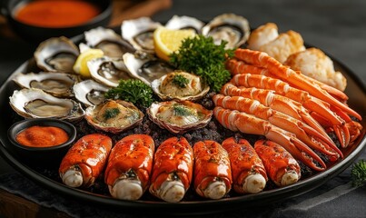 Seafood Platter on Dark Plate